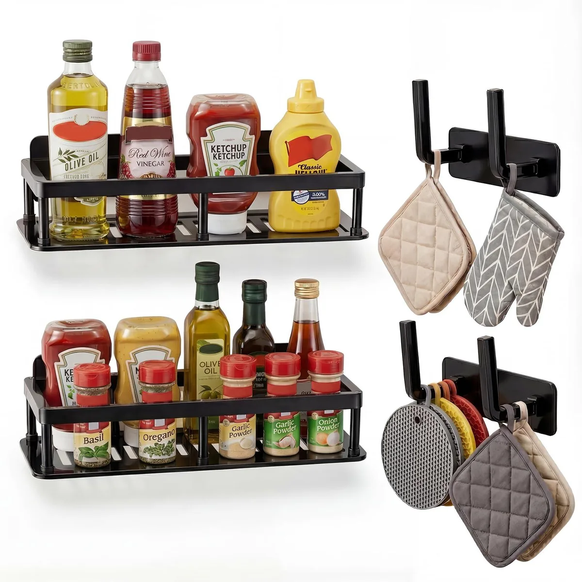 Two black plastic floating shelves with detachable frames, adhesive-mounted, modern style