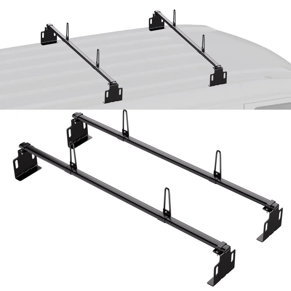 Silver steel ladder rack, 60 inches long, two crossbars, rectangular tubing, mounting hardware included