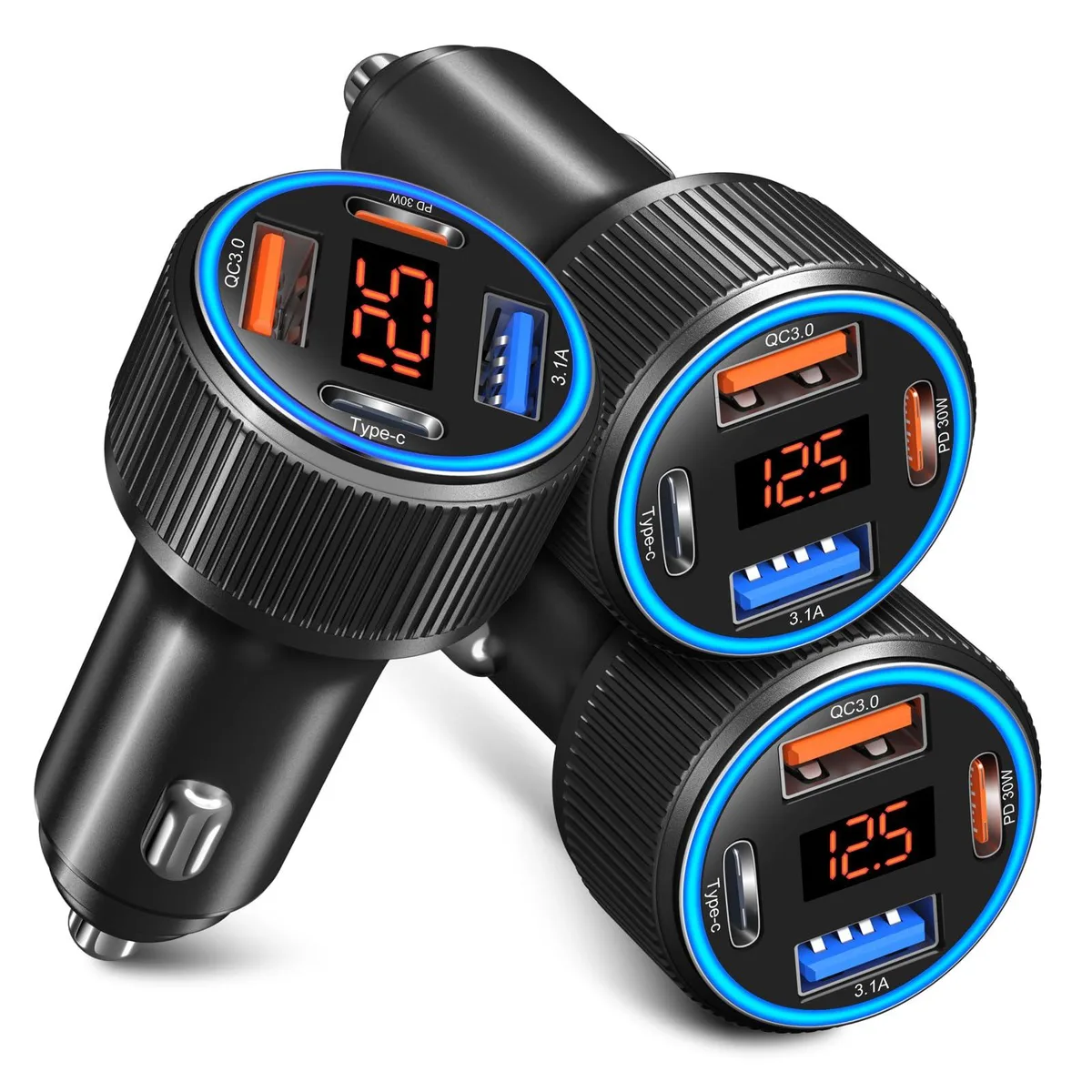 Black car charger with four ports and a central LED voltage display