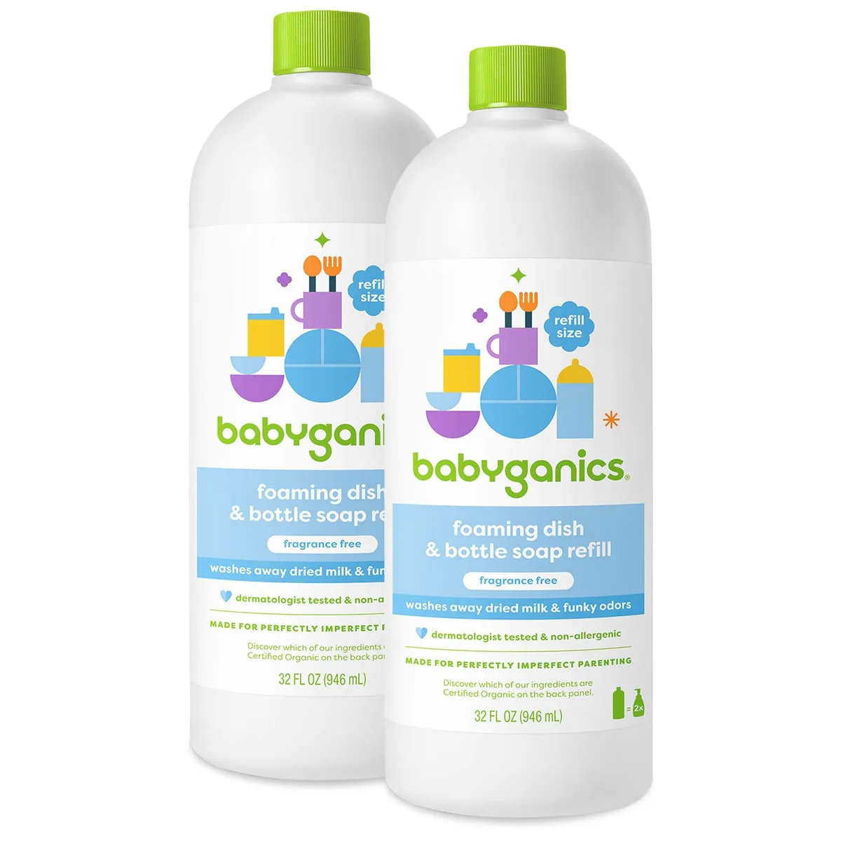 Two 32 fl oz bottles of foaming dish and bottle soap, fragrance free, plant-derived formula, pack of two