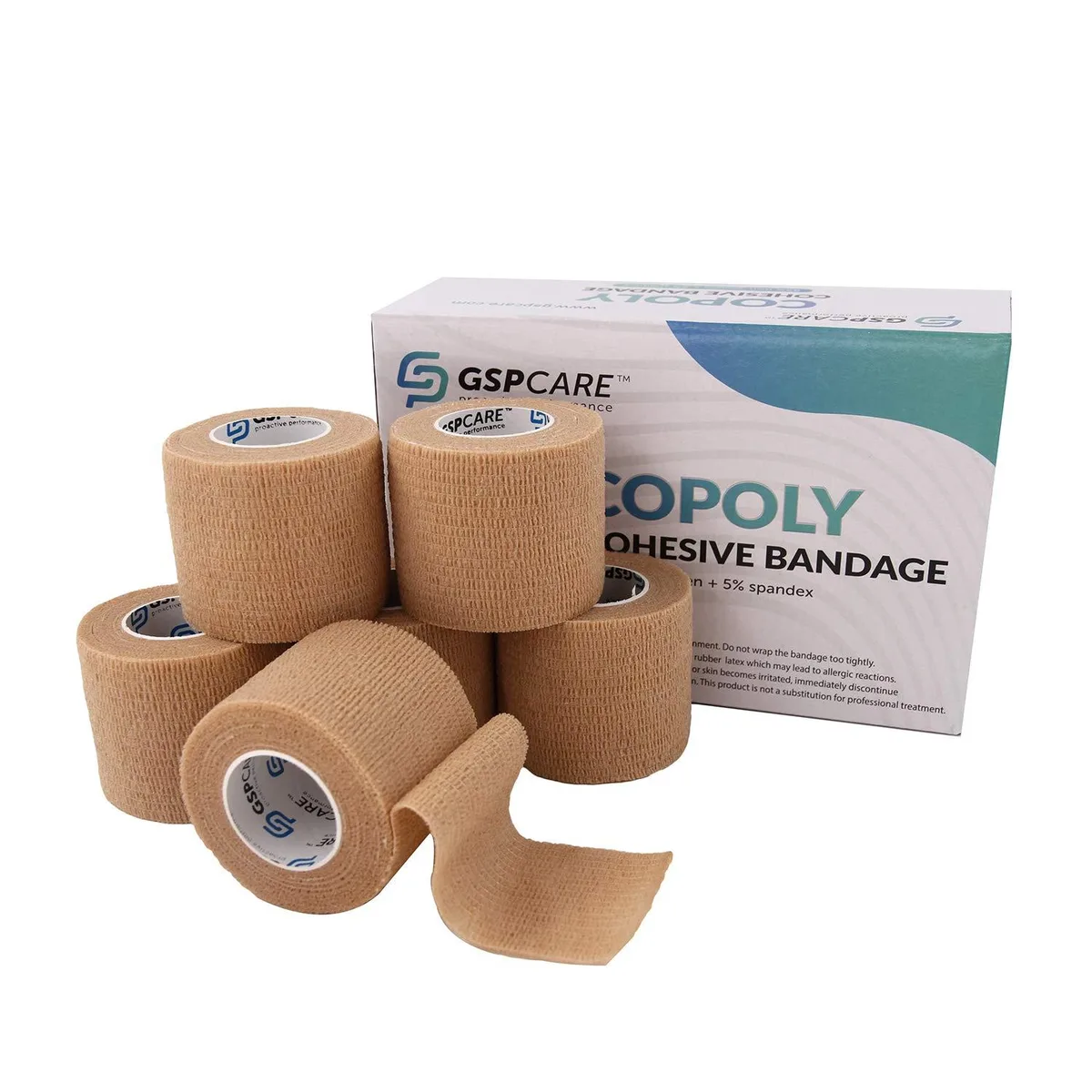 Six beige self-adhesive cohesive bandage rolls in individual packaging