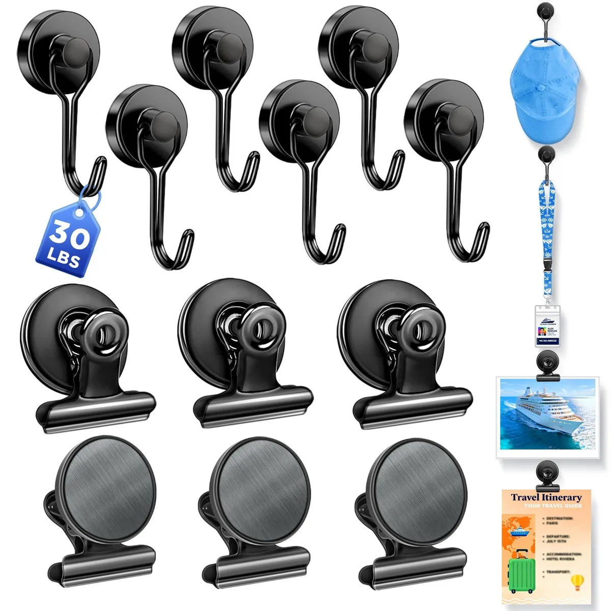 Twelve magnetic hooks and clips on a metal surface