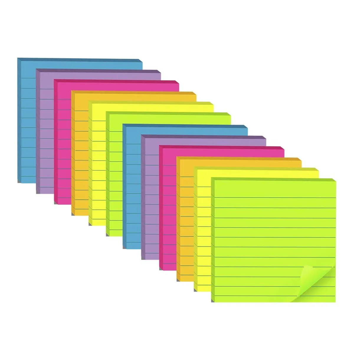 Twelve square lined sticky note pads in six bright colours, 4 by 4 inches