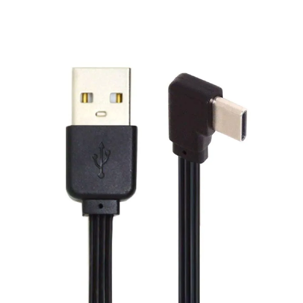 Flat 13cm USB 2.0 Type-A to USB-C cable with 90-degree angled connectors