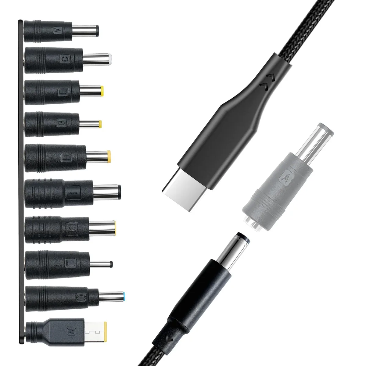  DLMLEXH USB-C PD 100W to DC 5.5×2.1 mm Cable with 10 Tip Kit — product photo