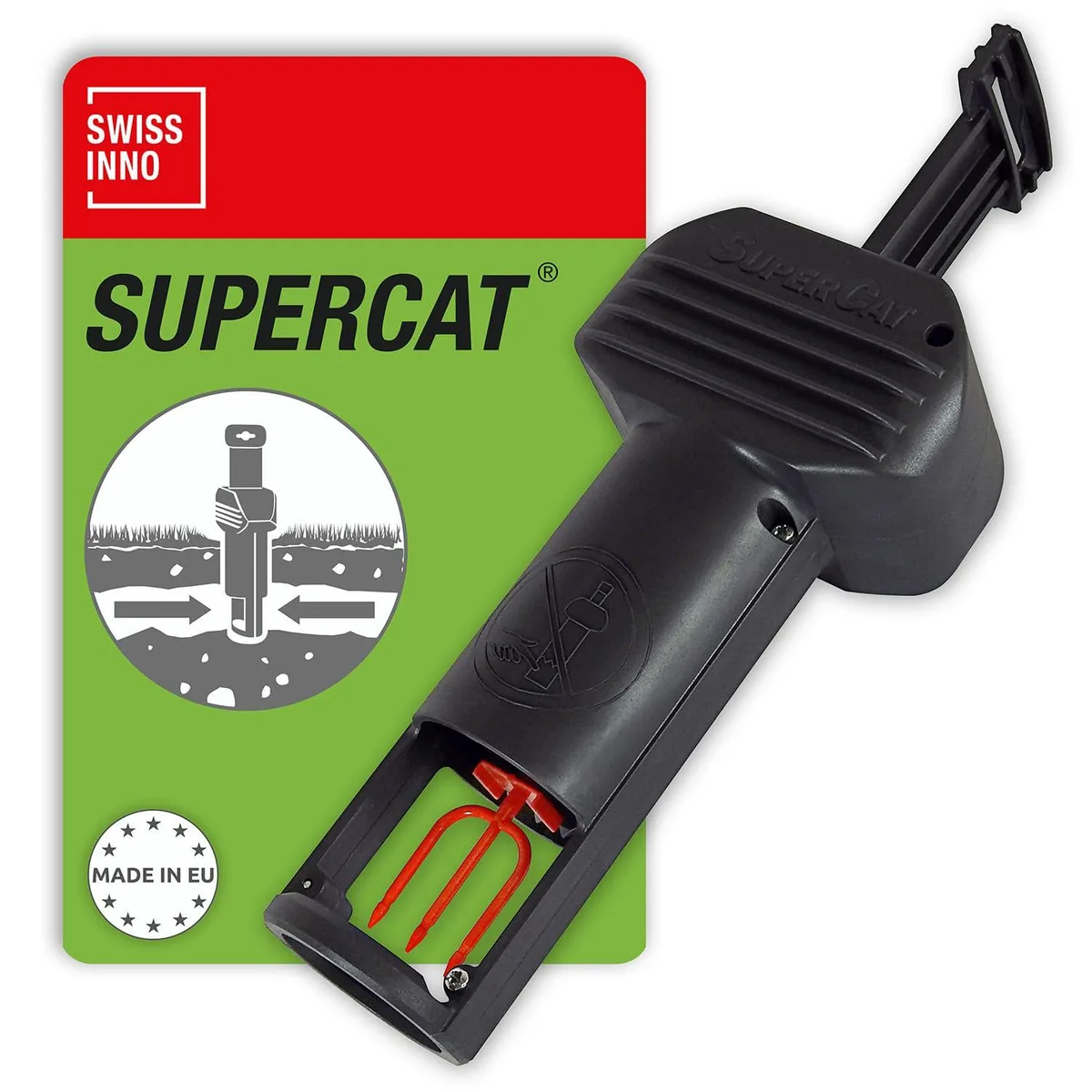 A green plastic reusable tunnel trap with dual-trigger mechanism, handle extended for setting