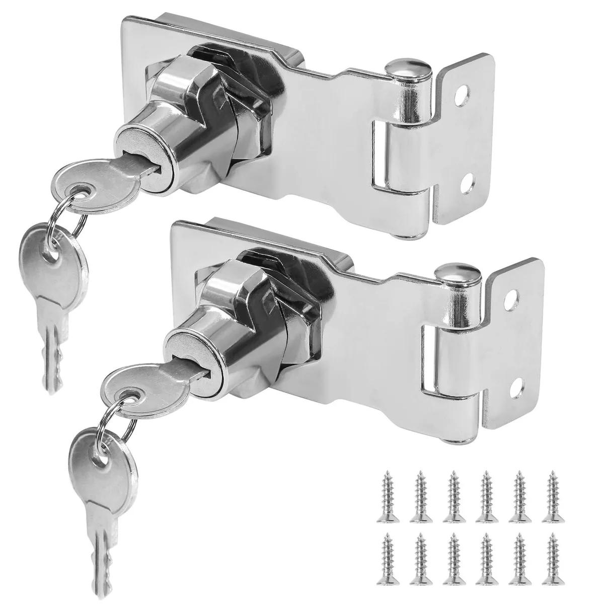 Two silver rectangular zinc hasp locks with twist knobs and hidden screws, 2.5 inch size, keyed different, four keys included