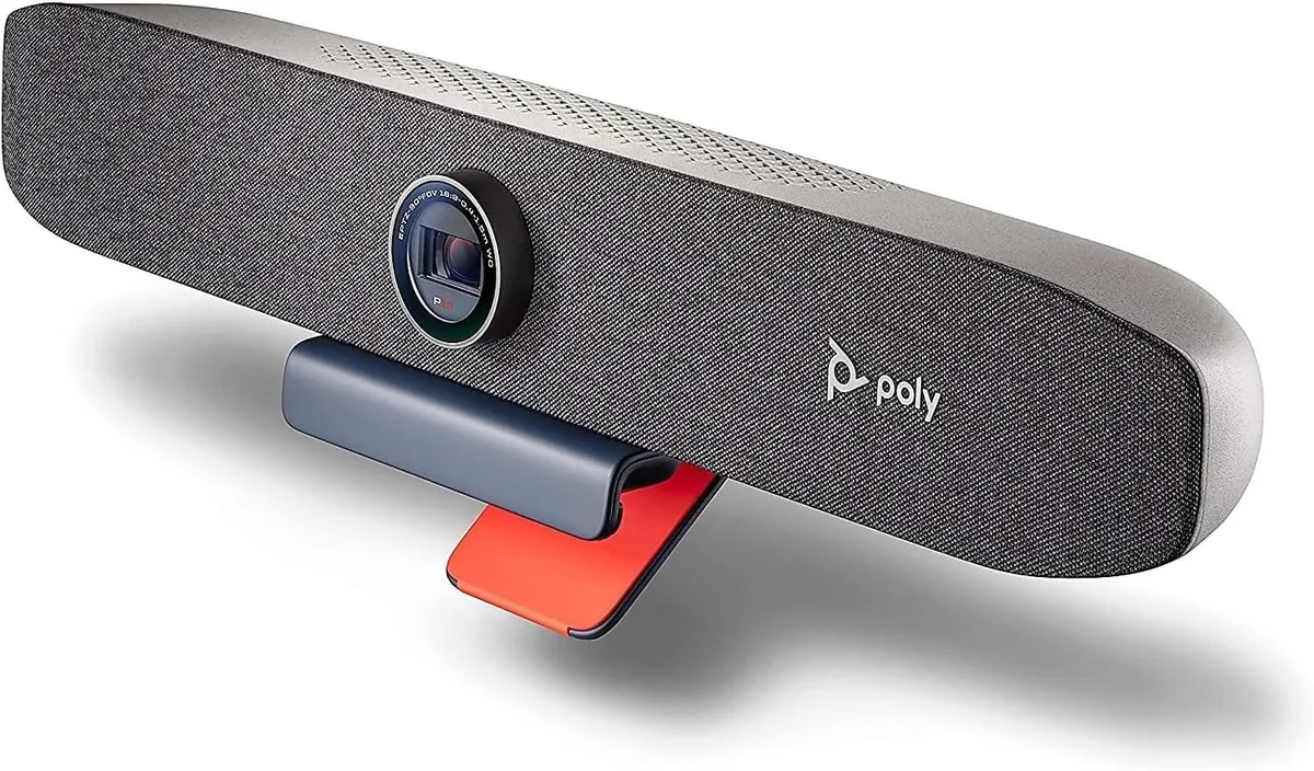 Compact rectangular video bar with matte black finish and integrated 2.7 inch display