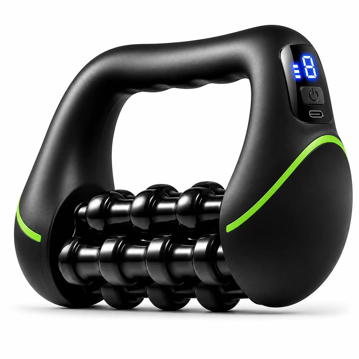 Black handheld roller massager with 24 nodes and LED display