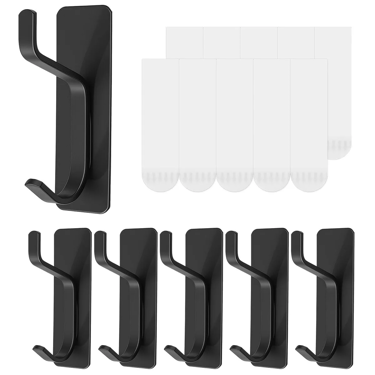Six aluminium alloy hooks with removable adhesive strips, smooth silver finish