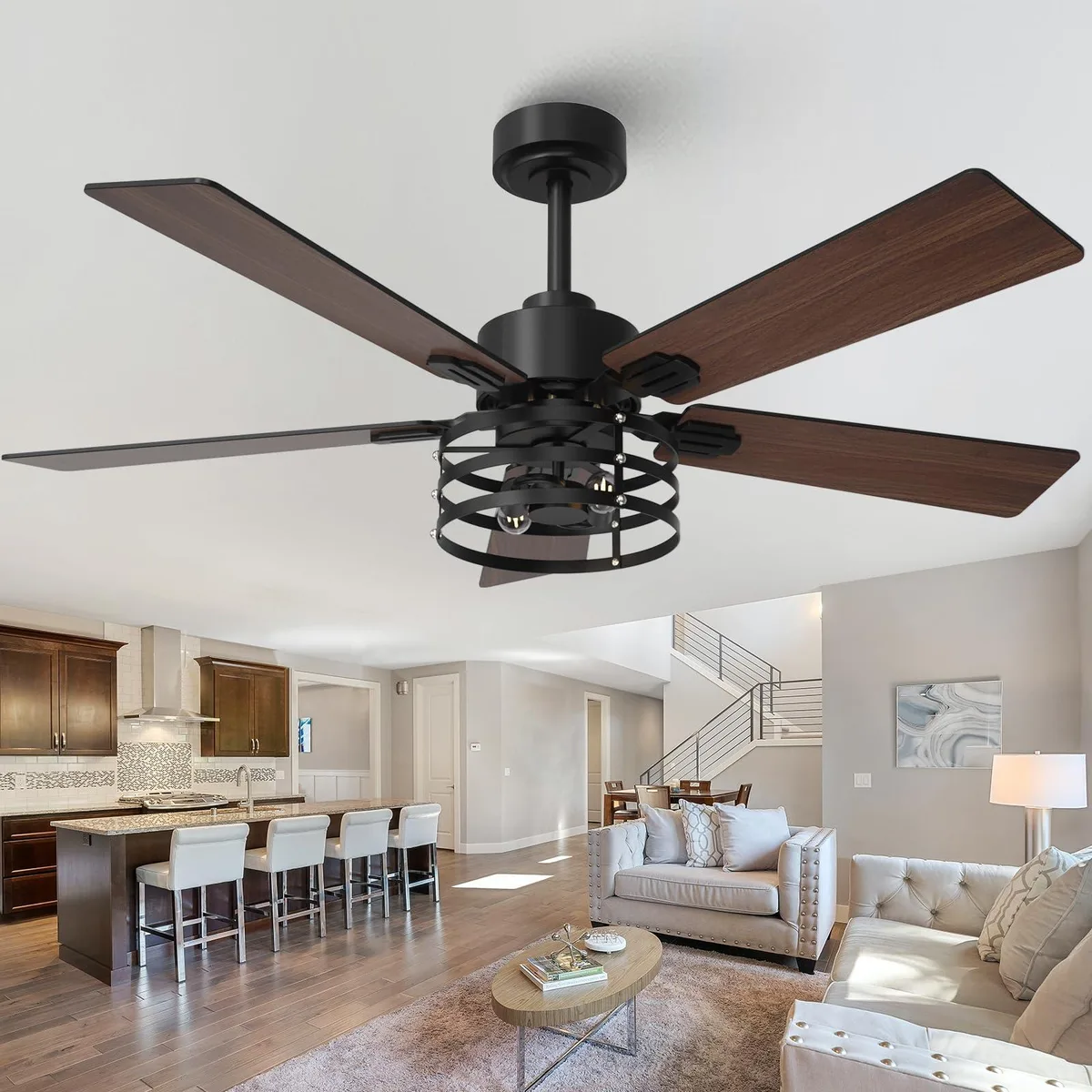 Black 52-inch ceiling fan with five reversible blades, alabaster swirl glass light, and remote control