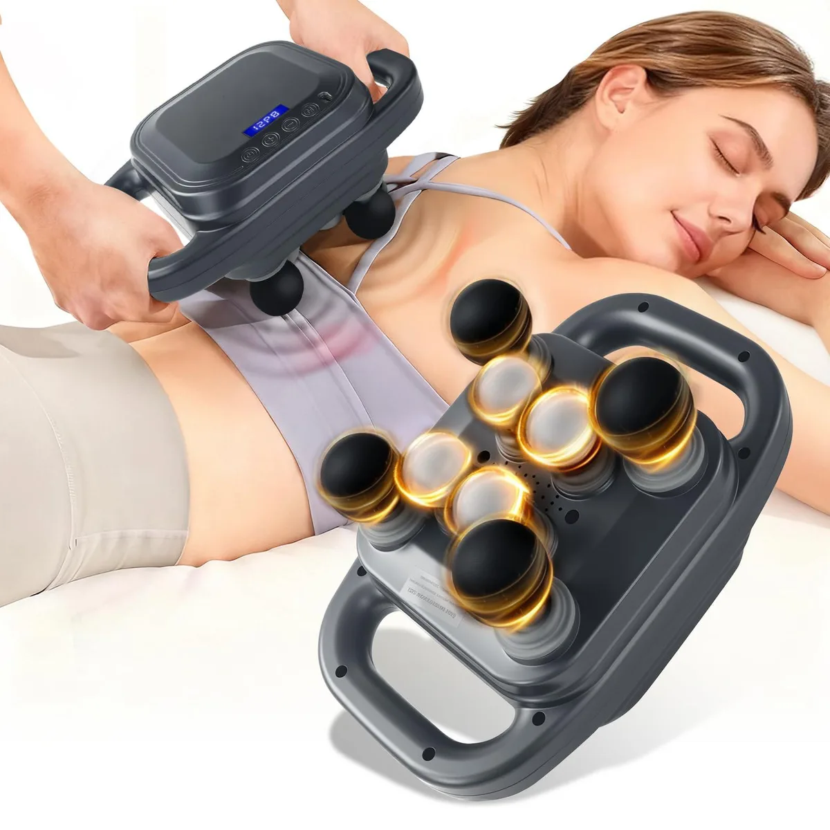 Blue handheld massage gun with LED display and multiple attachments