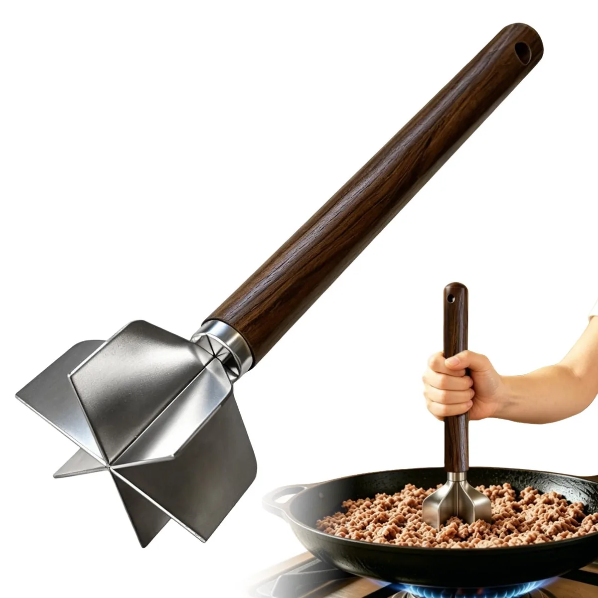PolyChic Meat Masher 11-inch 6-blade stainless steel head with black walnut handle