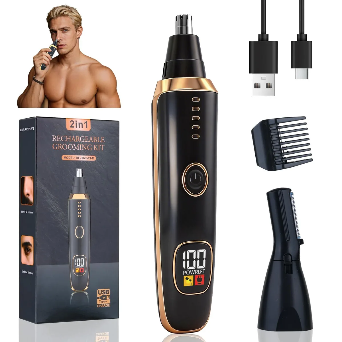 Black pen-style trimmer with LED display and two interchangeable heads