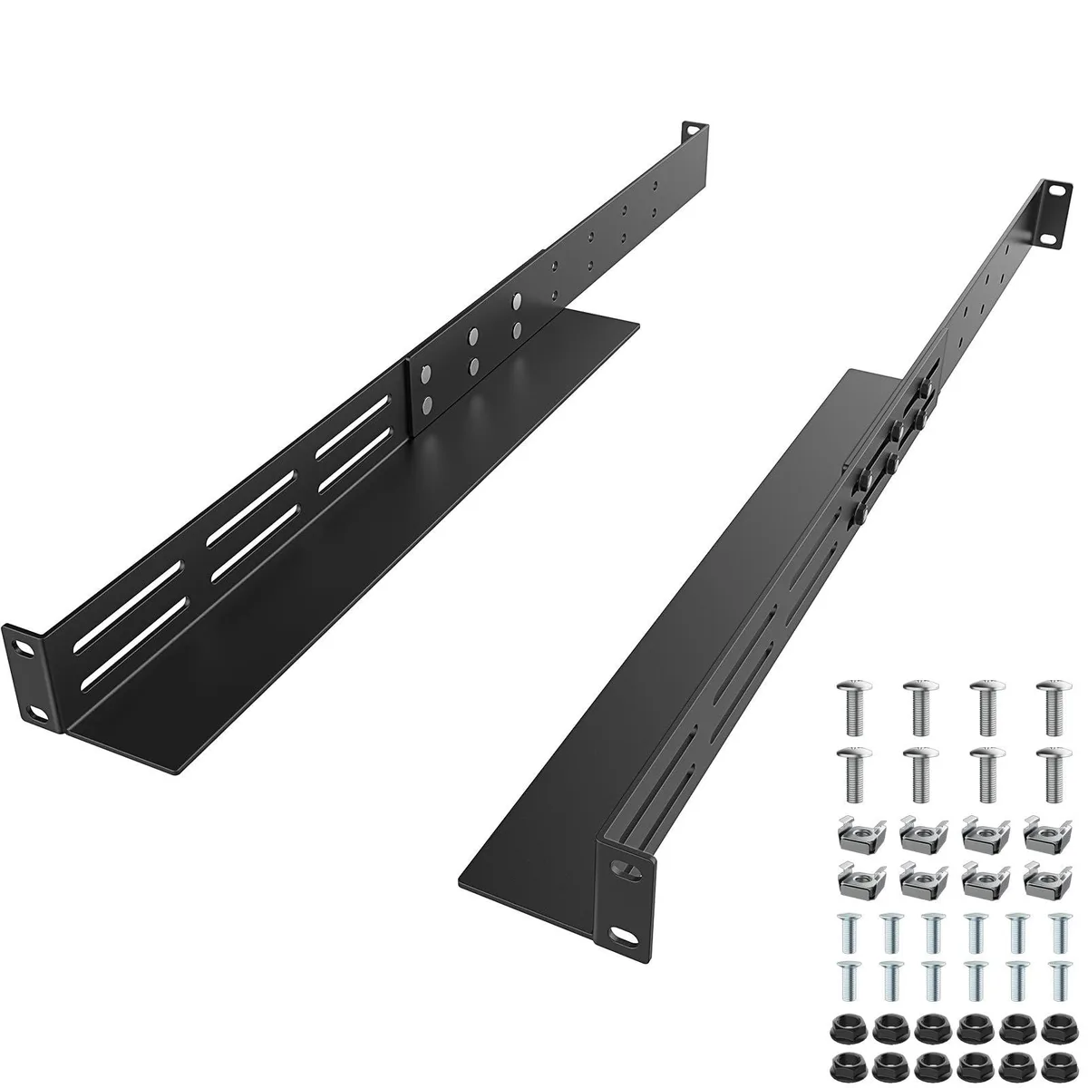 Pair of black steel 1U rack rails adjustable from 16 to 30 inches depth
