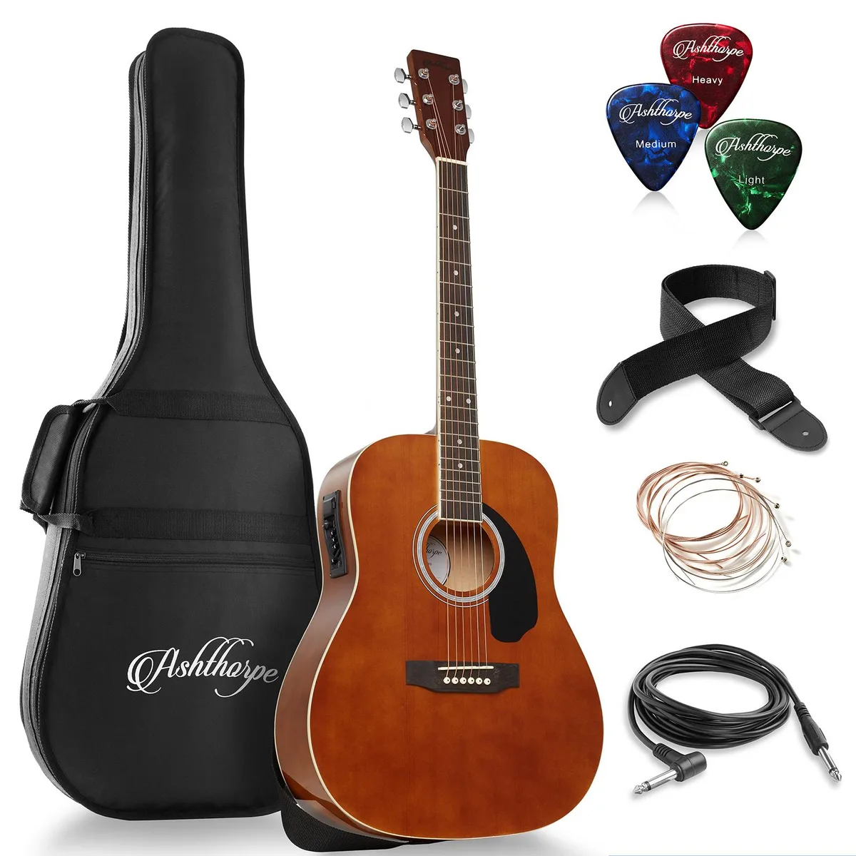 Ashthorpe Ashthorpe Full-Size Dreadnought Acoustic-Electric Guitar Bundle Brown 41 4.5 — product photo