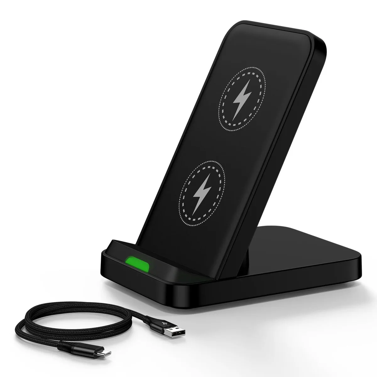 A vertical stand in dark finish with a sloped charging surface and subtle brand marking