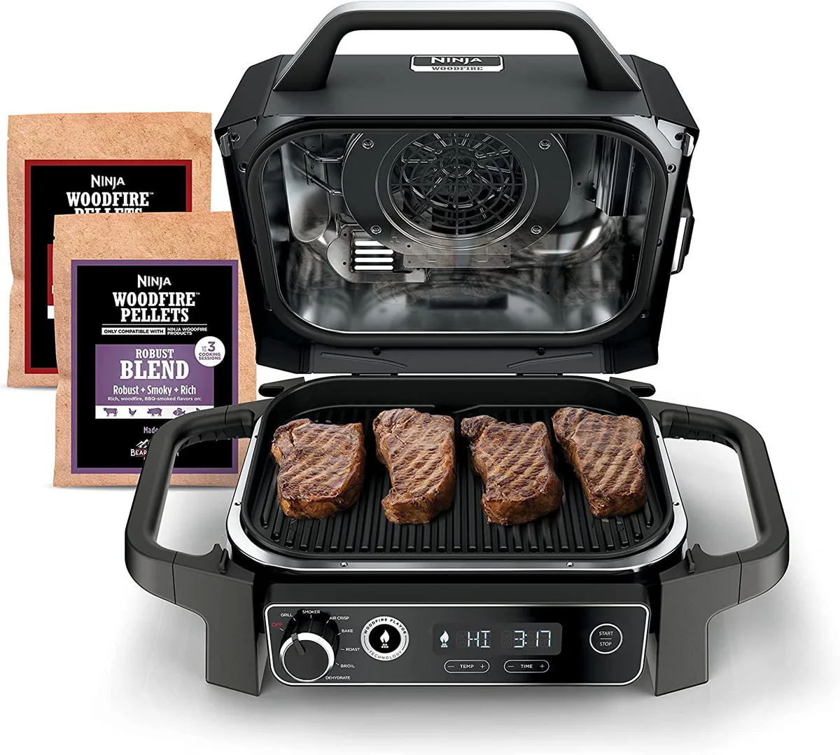 Grey box-shaped electric grill and smoker with pellet hopper, lid closed, on wheels
