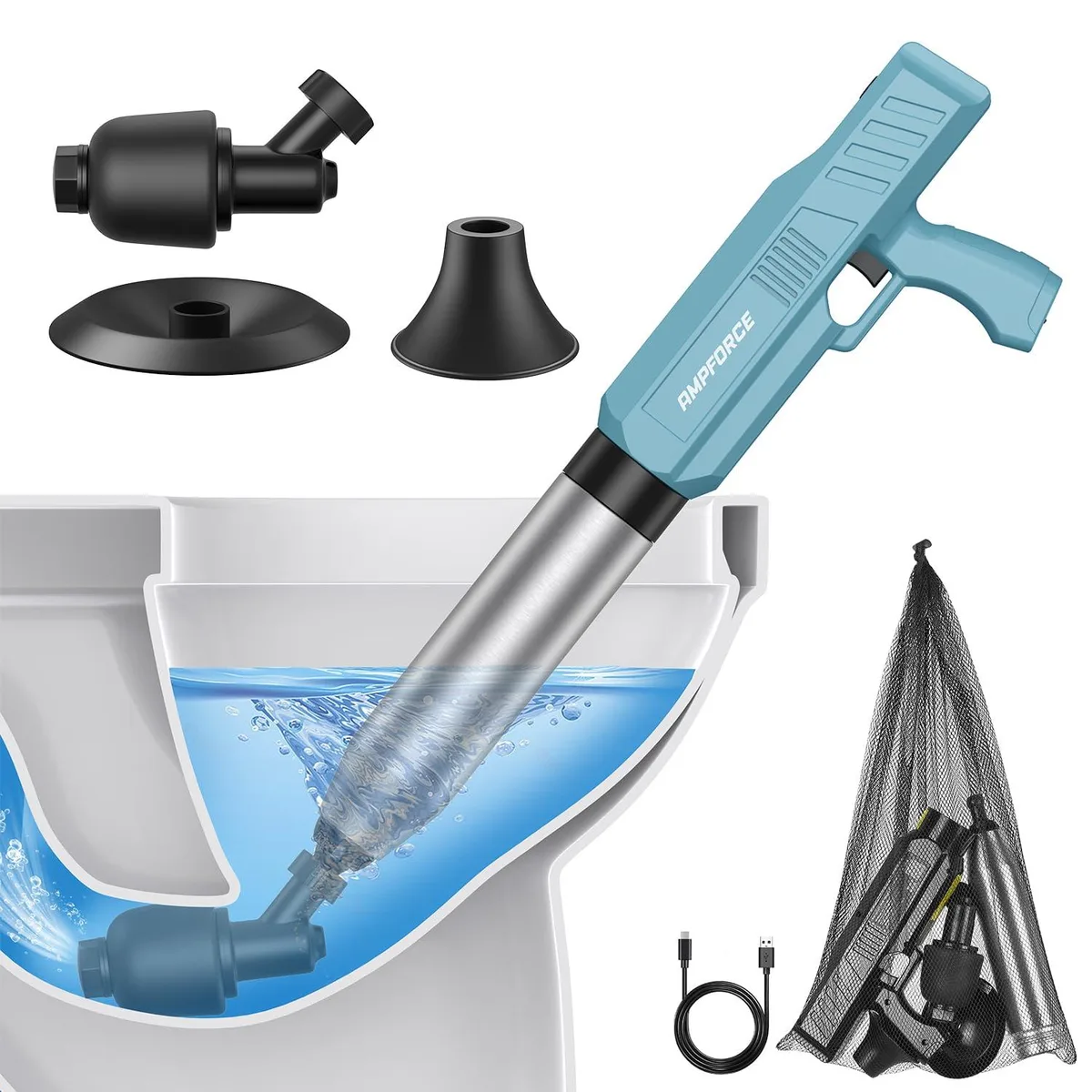 Dusty blue electric toilet plunger with angled head and Type-C charging port
