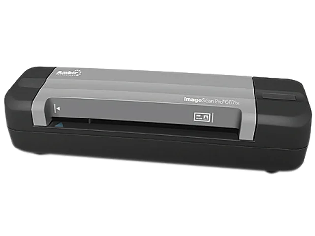 Compact rectangular sheet-fed ID card scanner in matte grey plastic with front feed slot and USB cable attached