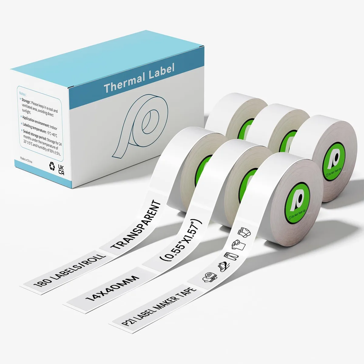 Six rolls of transparent laminated label tape in white plastic cassettes