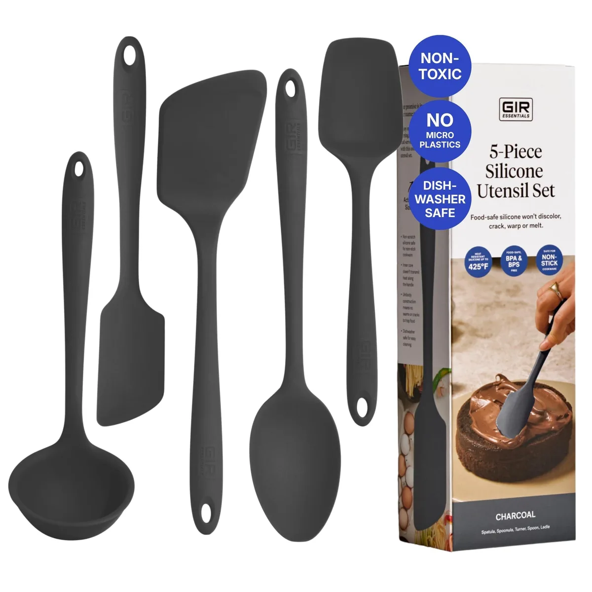 Five charcoal silicone cooking utensils on a surface
