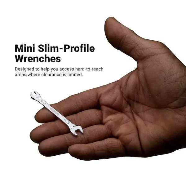 Small slim mini open end wrench with angled heads, polished chrome finish