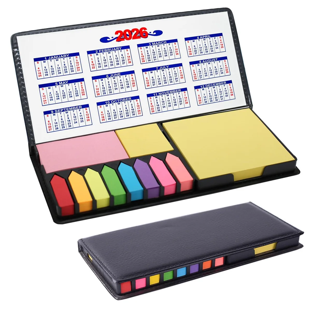 Rectangular black PU box holding 2000 fluorescent sticky tabs in multiple shapes