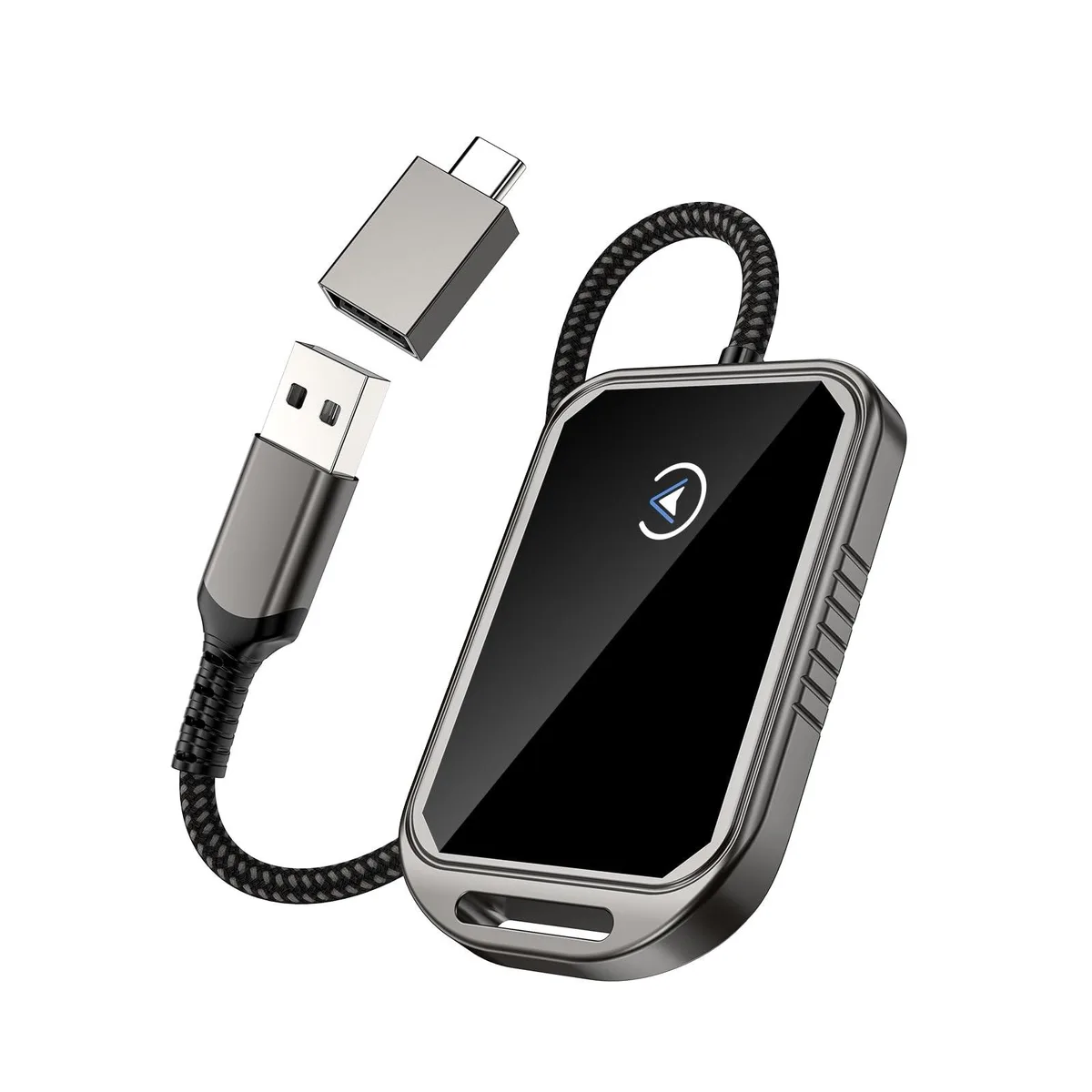 Small gray wireless CarPlay adapter with USB-C plug