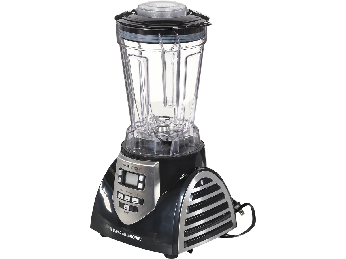 Black countertop blender with 60 oz pitcher and stainless steel base