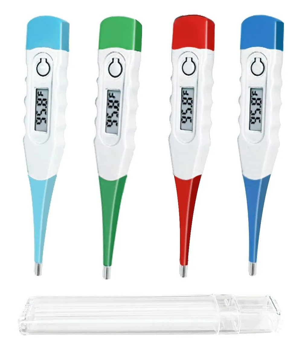 Four digital thermometers with flexible tips and LCD screens in a storage case