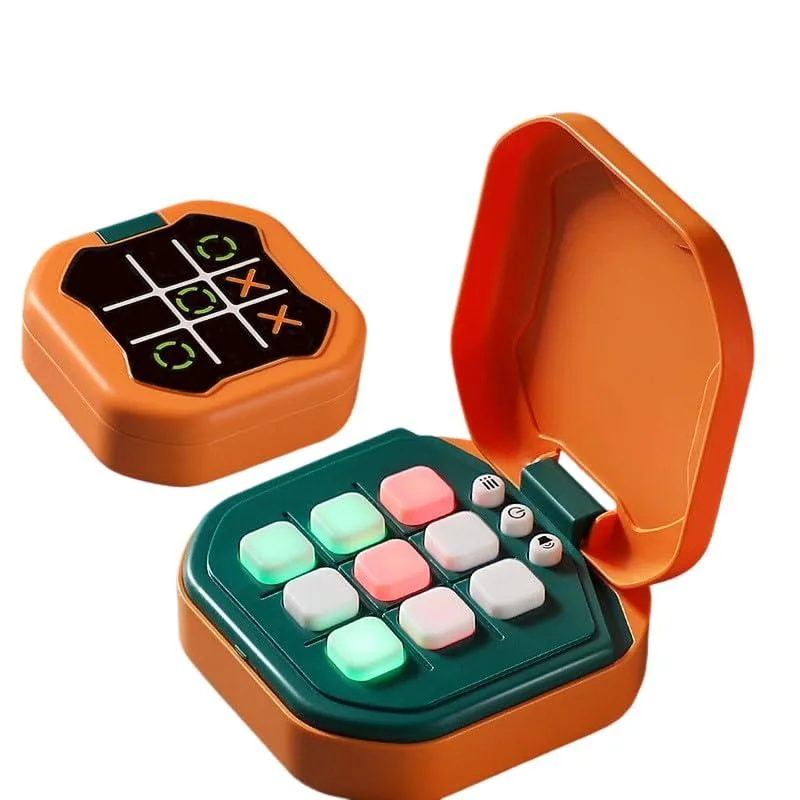Orange handheld digital tic-tac-toe game with button controls and lanyard attachment