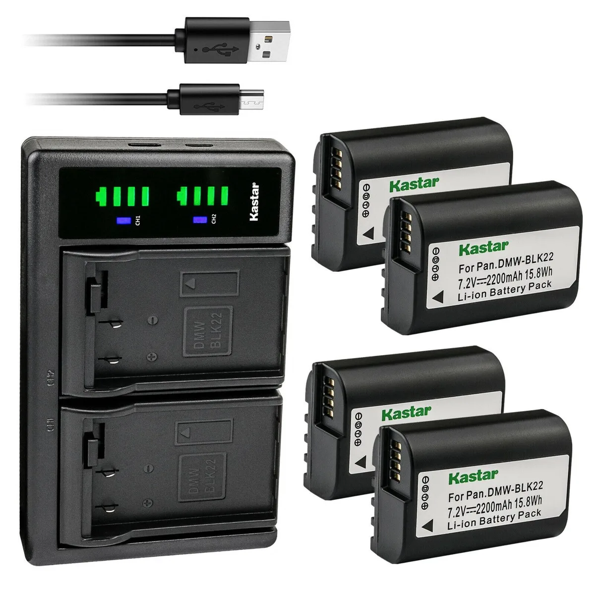 Kastar Kastar DMW-BLK22 4-pack battery and USB charger — product photo