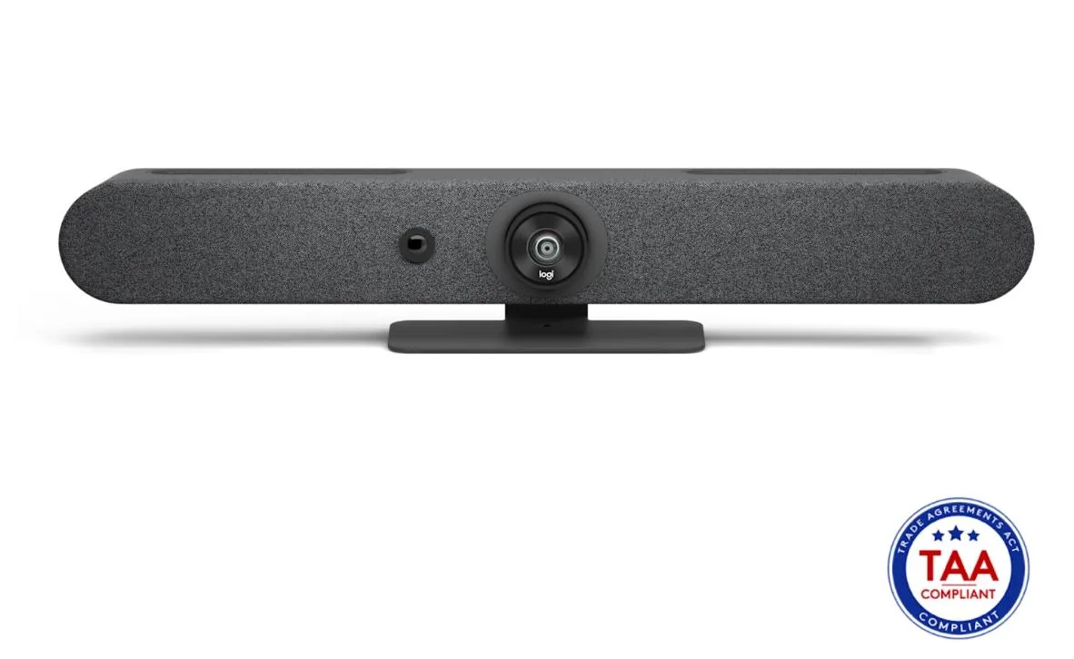 Black all-in-one video bar with integrated camera, speakers and microphones, horizontal rectangular form, matte finish