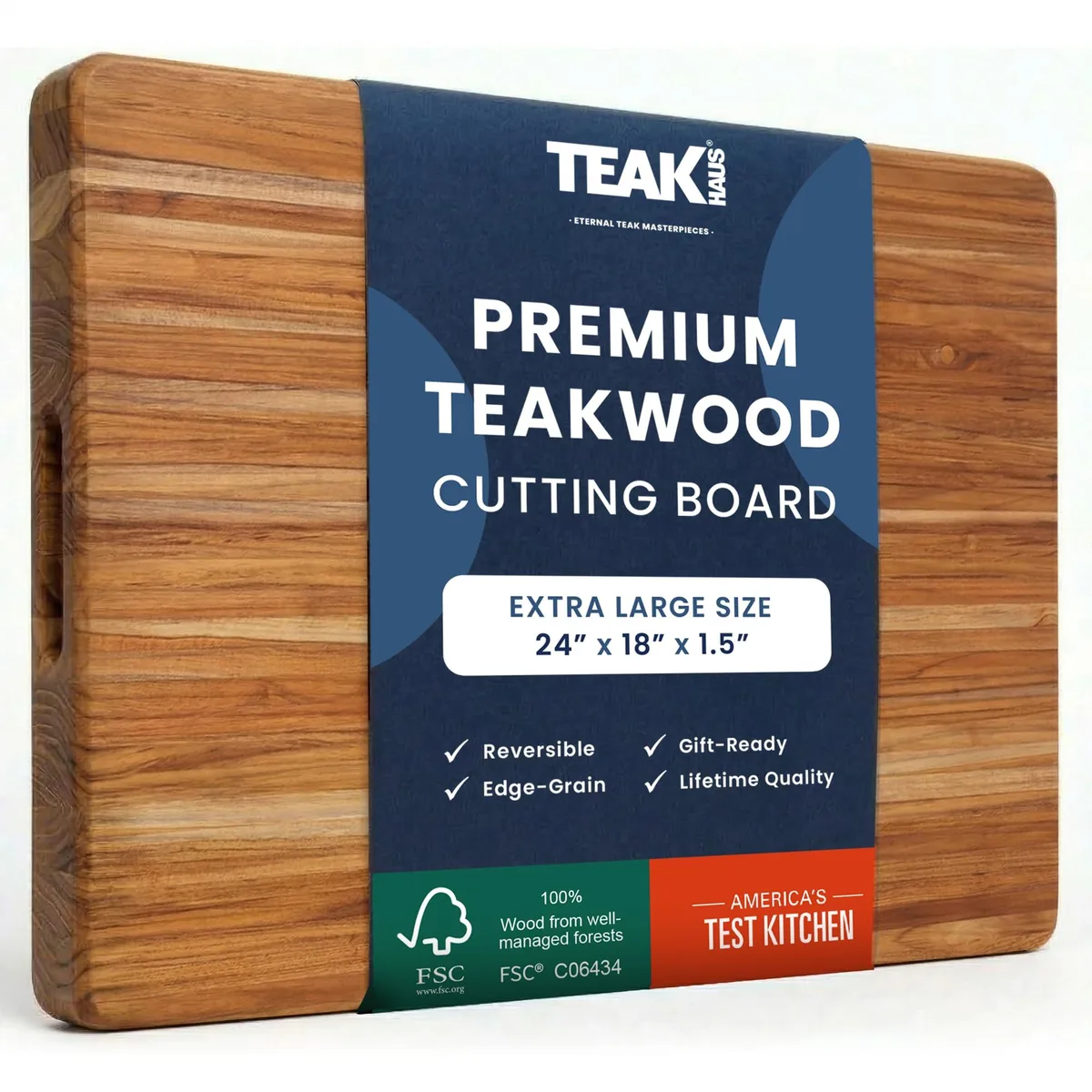 Extra-large rectangular teak cutting board with smooth edge-grain surface and natural oil finish