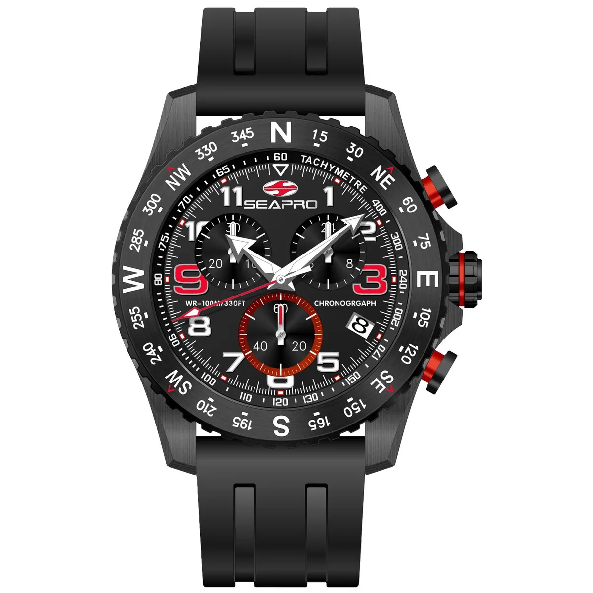 Black stainless steel chronograph watch with rubber strap and black dial