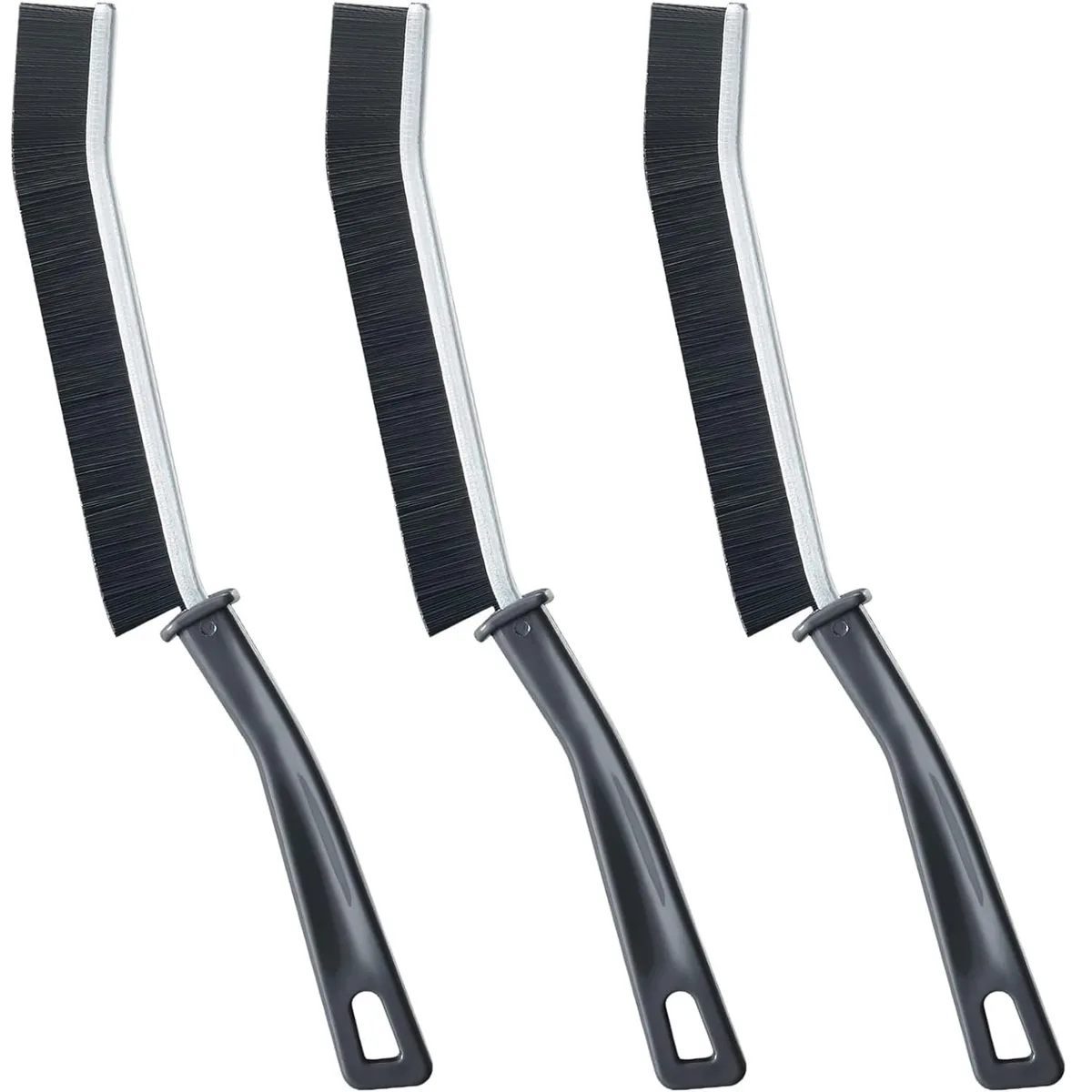 Three narrow brushes with stiff flat bristles and grey plastic handles with hanging holes
