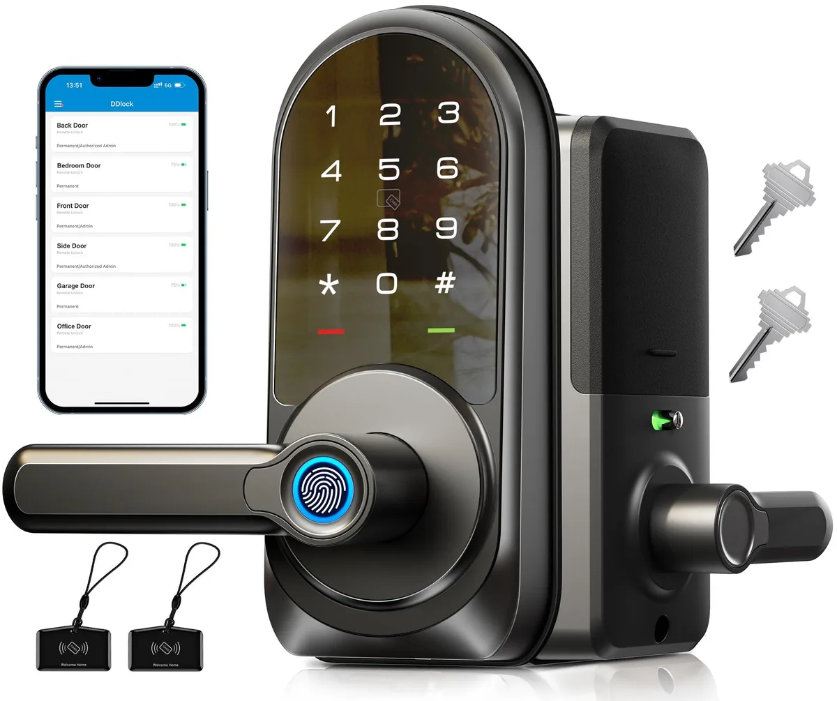 Matte black smart lock handle set, 9.17 by 7.17 by 3.54 inches