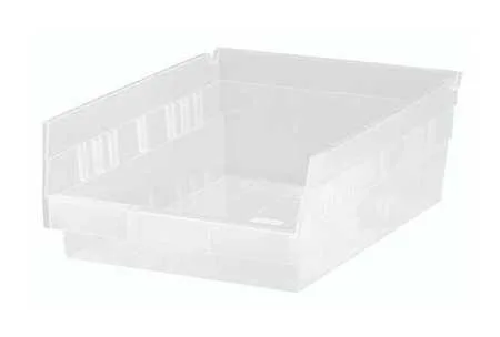 Clear plastic shelf bin with label holder, rectangular shape