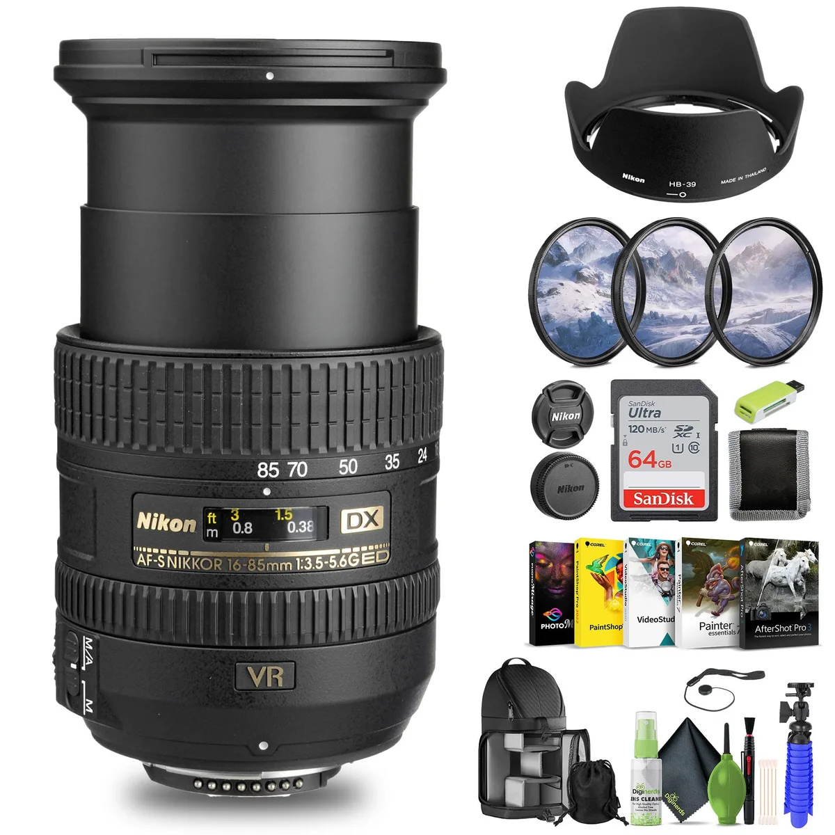 Nikon Inc Nikon AF-S DX NIKKOR 16-85mm f/3.5-5.6G ED VR Lens + 64GB Memory Card Bundle — product photo