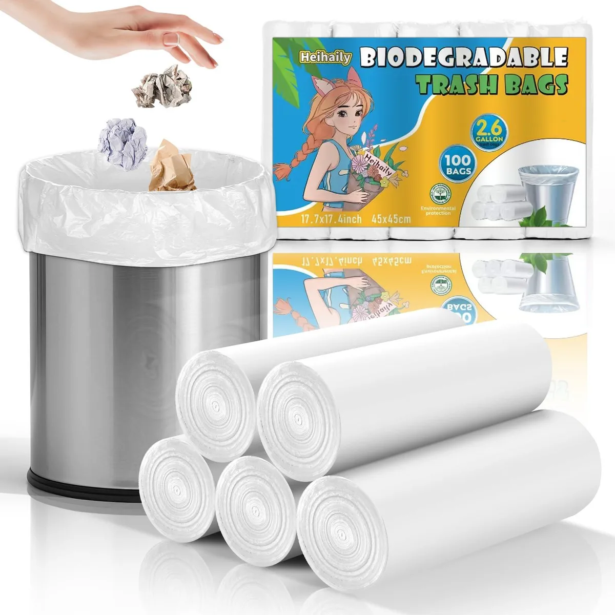 A box of 100 white compostable 2.6 gallon trash bags made from cornstarch