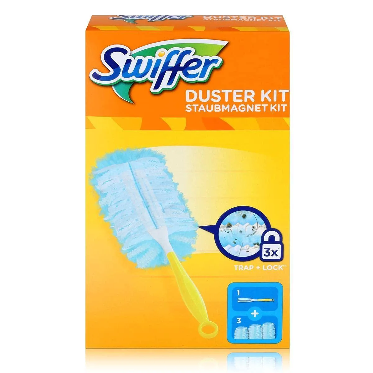 A flexible microfibre duster handle with three replacement pads