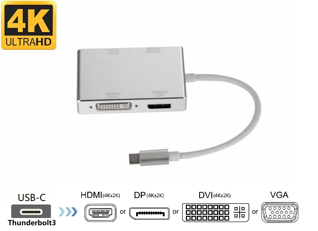 Shenzhen Whaton Electronics CO LTM Shenzhen Whaton Electronics CO LTM USB-C 4-in-1 Video Hub Silver — product photo