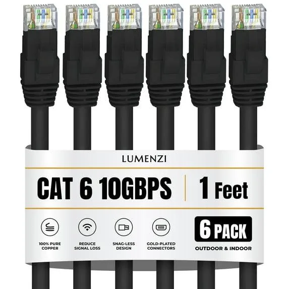 Lumenzi Lumenzi Cat 6 Ethernet Cable 1 FT Black 6 Pack 10 Gbps 550 MHz — product photo