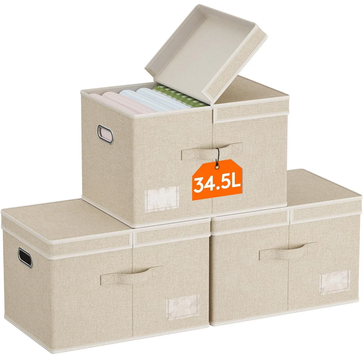 Three beige rectangular fabric storage bins with lids and side handles, shown folded flat and assembled standing upright