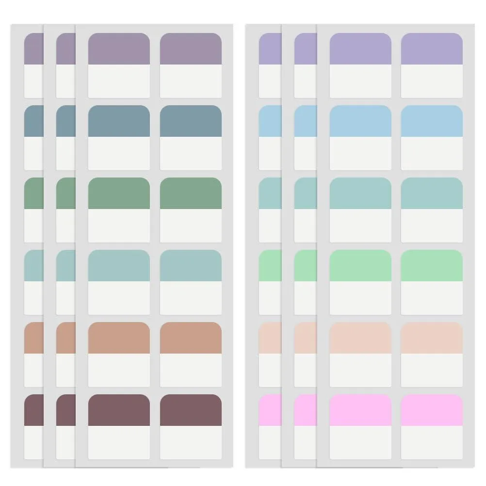 A clear plastic box holding 240 square sticky tabs in muted Morandi colours, each tab half transparent with a writable strip