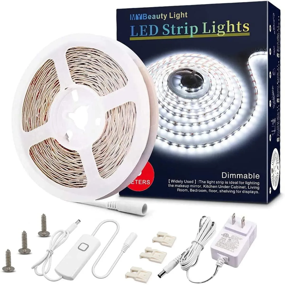 White 16.4ft flexible LED strip on a reel with power supply and dimmer switch