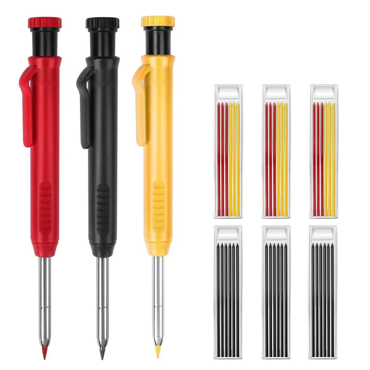 Three mechanical carpenter pencils in blue, red, yellow with long nibs and clip design