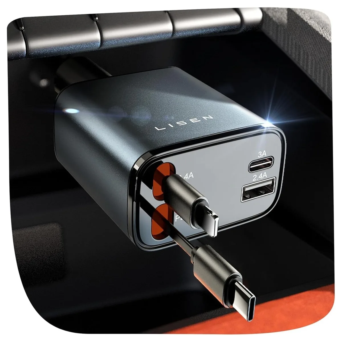 No Sew No Sew 84W 4-in-1 Retractable Car Charger USB-C Lightning — product photo