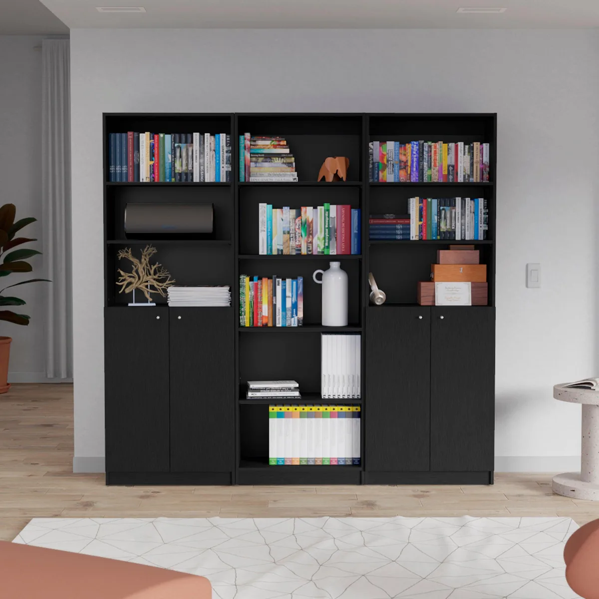 FM FURNITURE FM FURNITURE Acoma 3-Piece Living Room Set with 3 Bookcases, Black — product photo